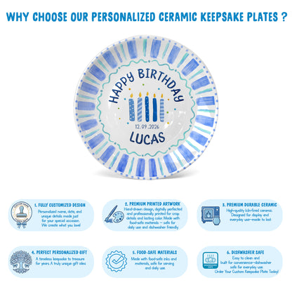Blue Striped Candles Personalized Birthday Plate P46KBS0
