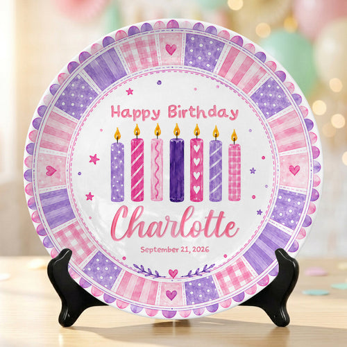 Pink Purple Candle Girl First Birthday Keepsake Personalized Birthday Plate P815CM10