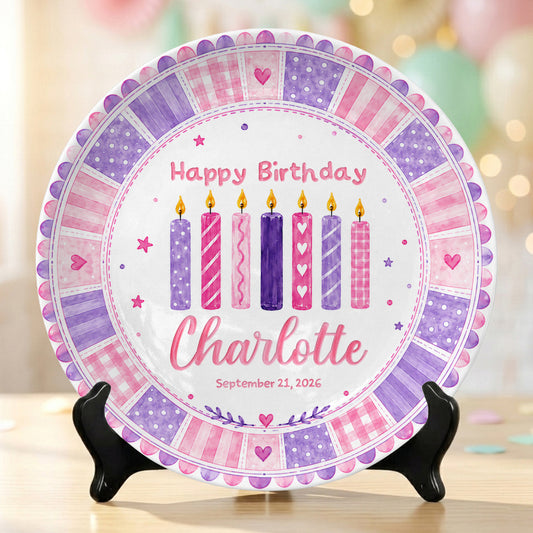Pink Purple Candle Girl First Birthday Keepsake Personalized Birthday Plate P815CM10
