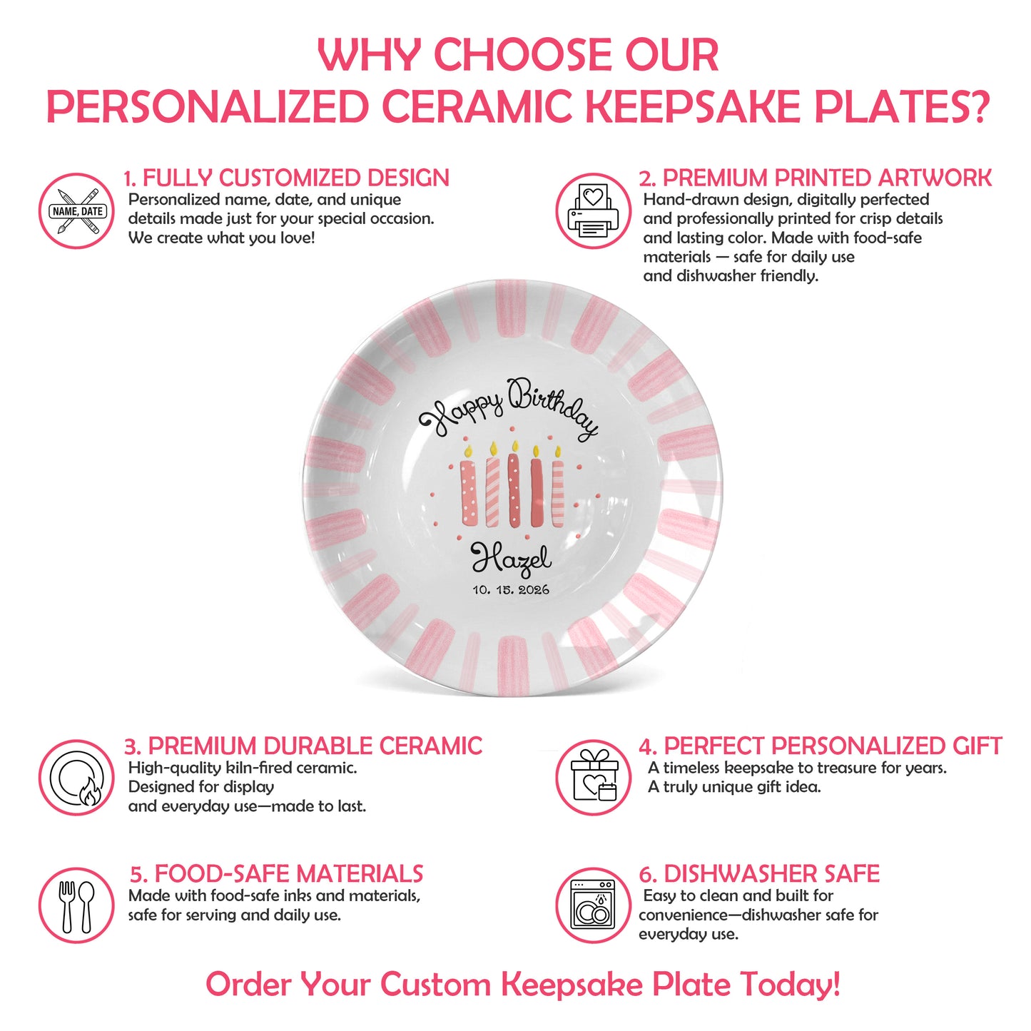 Pink Stripe Personalized Birthday Plate P46DI00