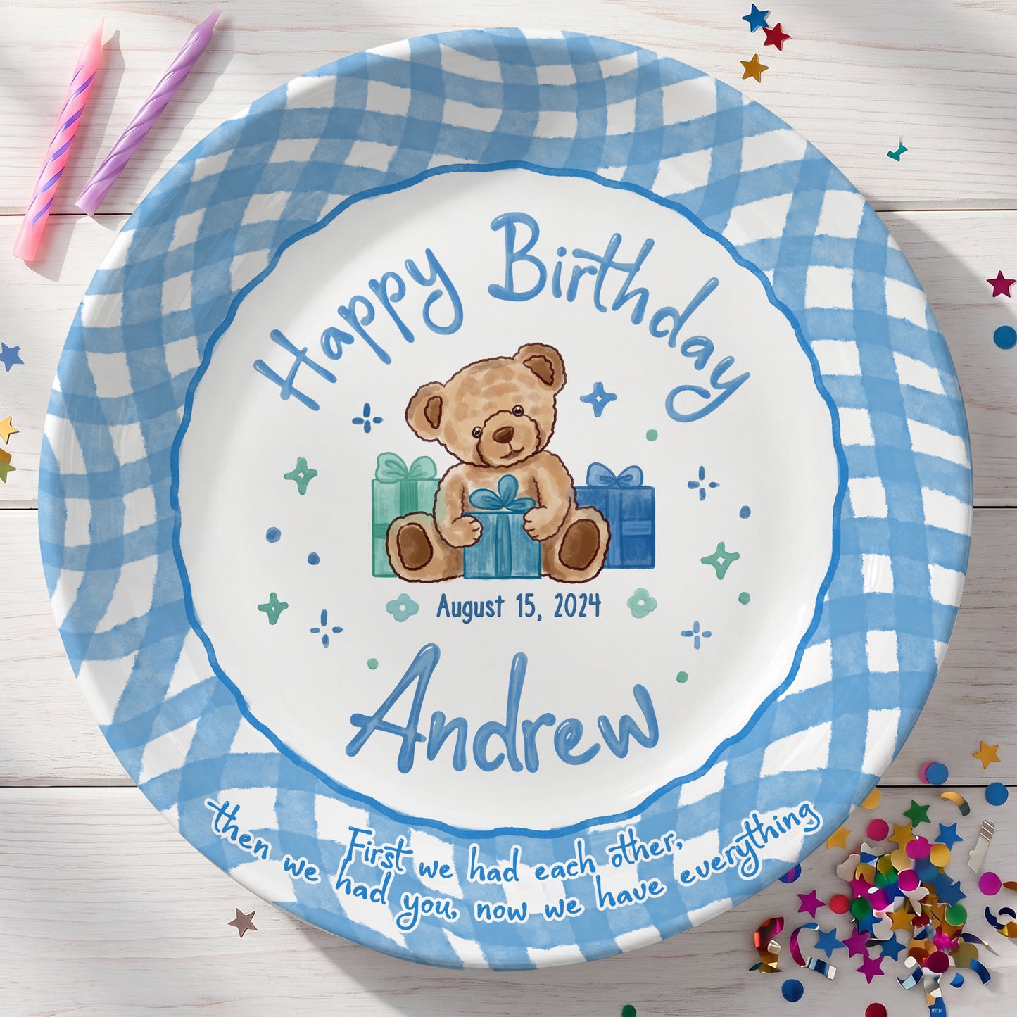 Blue Teddy Bear Birthday Keepsake Personalized Birthday Plate for Baby Boy P625FJ00