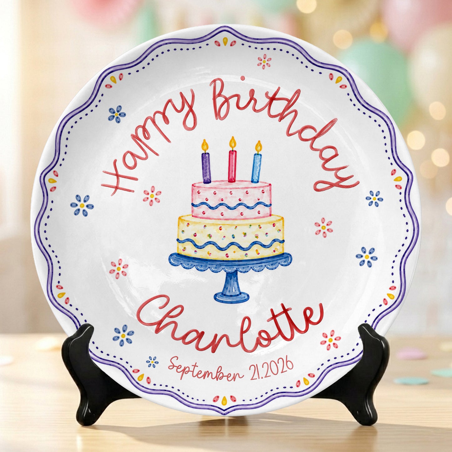 Colorful Cake Scalloped Personalized Birthday Plate for Girls First Gift P810G360