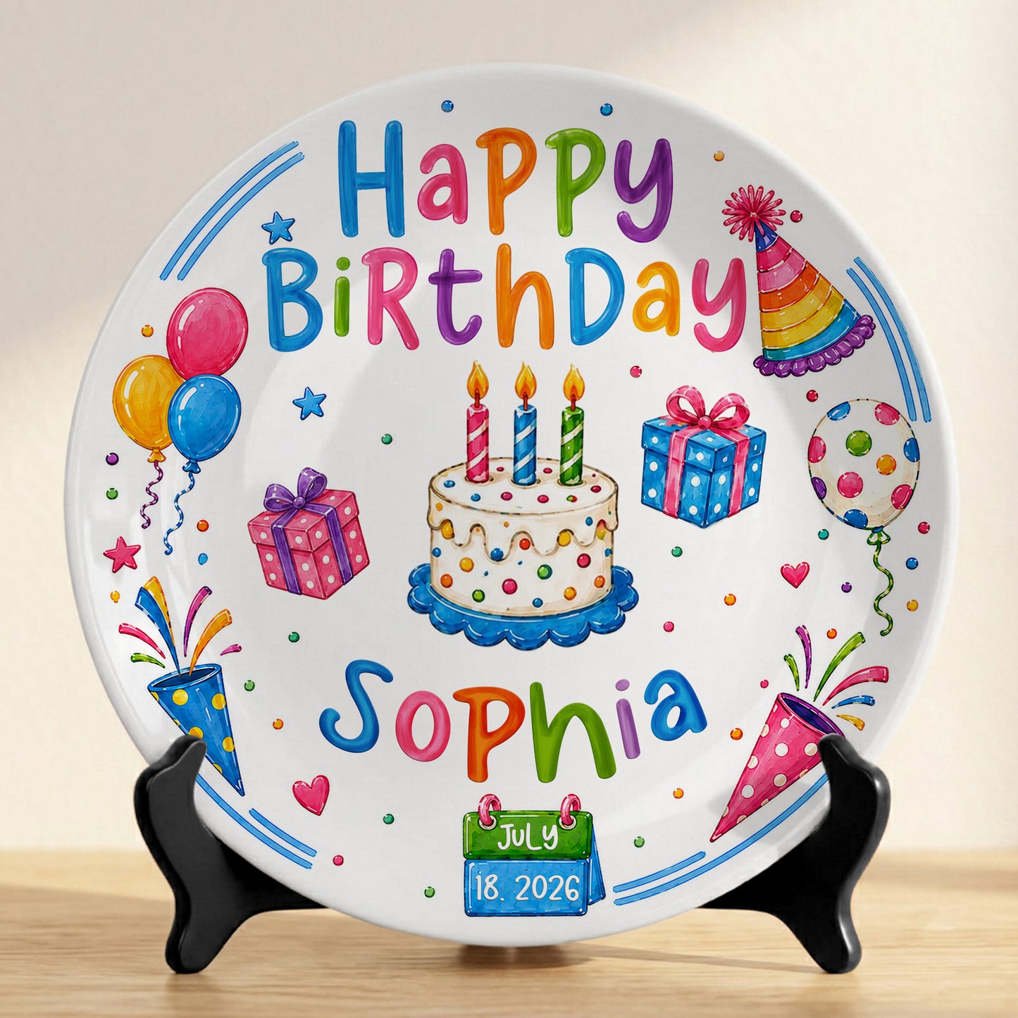 Colorful Party Cake Keepsake Gift Personalized Birthday Plate for Kids P86Z2N0