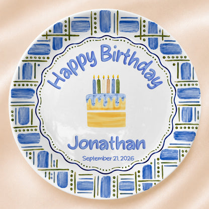Blue Plaid Personalized Birthday Plate for Boys, Custom Birthday Keepsake Gift P730VM90