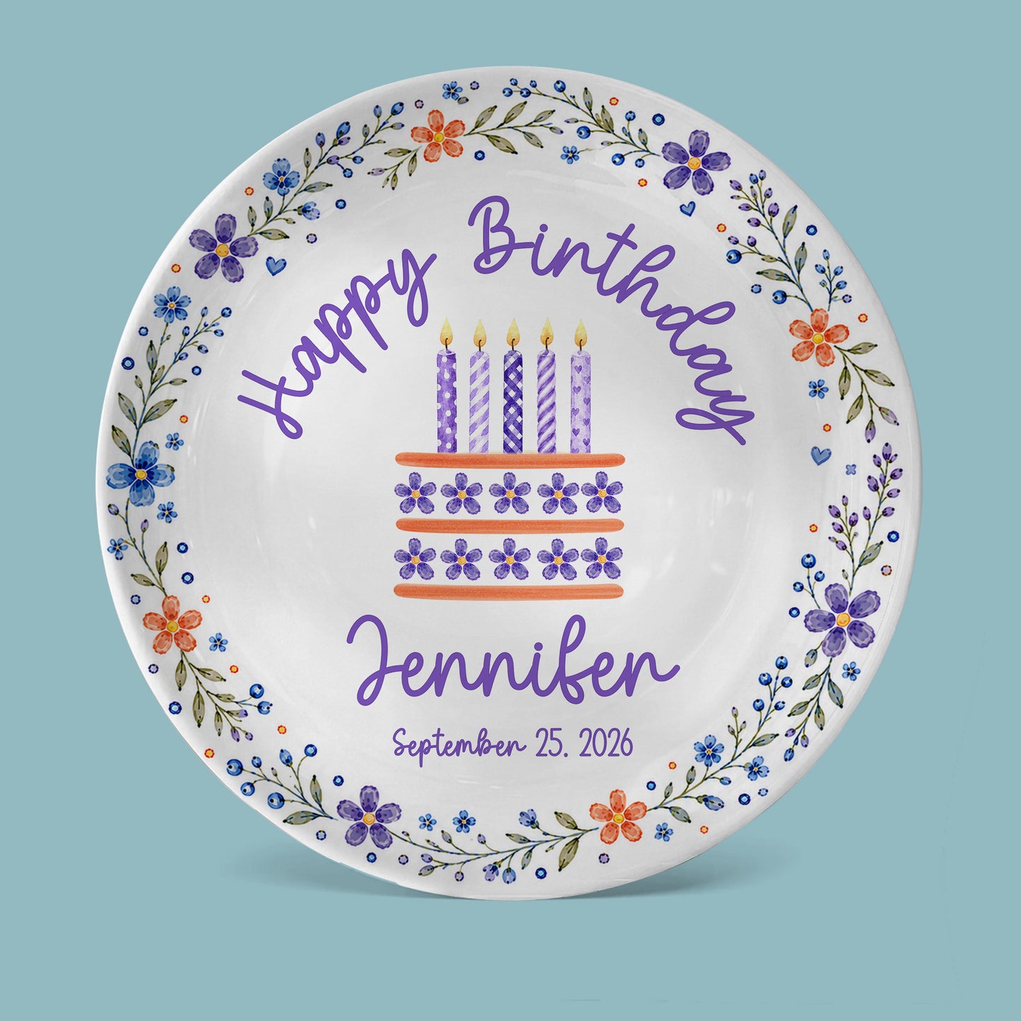 Purple Floral Personalized Birthday Plate for Girls, Custom Birthday Keepsake Gift P723G7E0