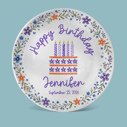 Purple Floral Personalized Birthday Plate for Girls, Custom Birthday Keepsake Gift P723G7E0