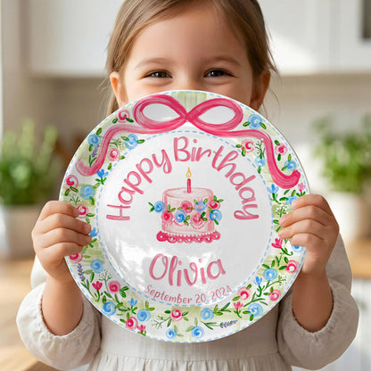 Floral Wreath with Pink Bow Personalized Birthday Plate P410DXJ0