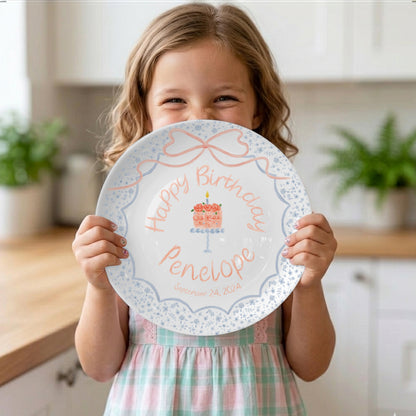 Cake with Peach Bow and Blue Floral Border Personalized Birthday Plate P1235ER0