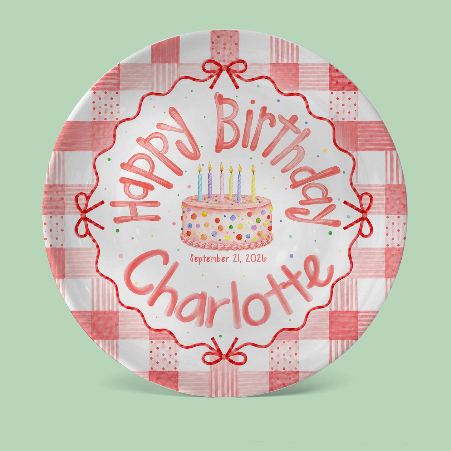 Pink Gingham Bow Birthday Keepsake Personalized Birthday Plate for Girls P627UVB0