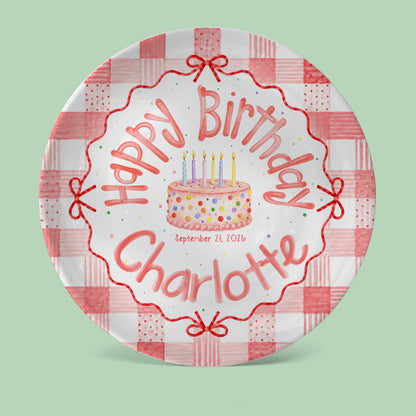 Pink Gingham Bow Birthday Keepsake Personalized Birthday Plate for Girls P627UVB0