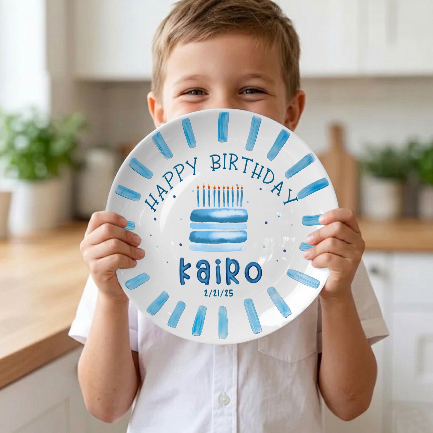 Blue Cake and Brush Stroke Border Personalized Birthday Plate P111BC60