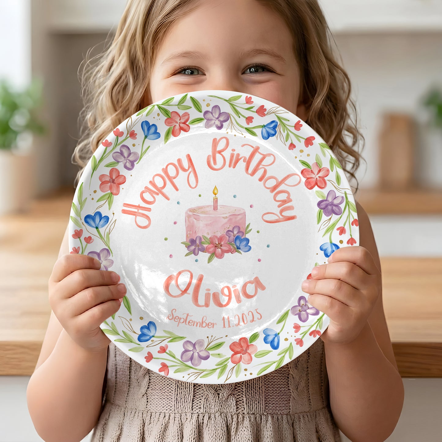 Colorful Floral Cake Personalized Birthday Plate for Girls P417GEG0