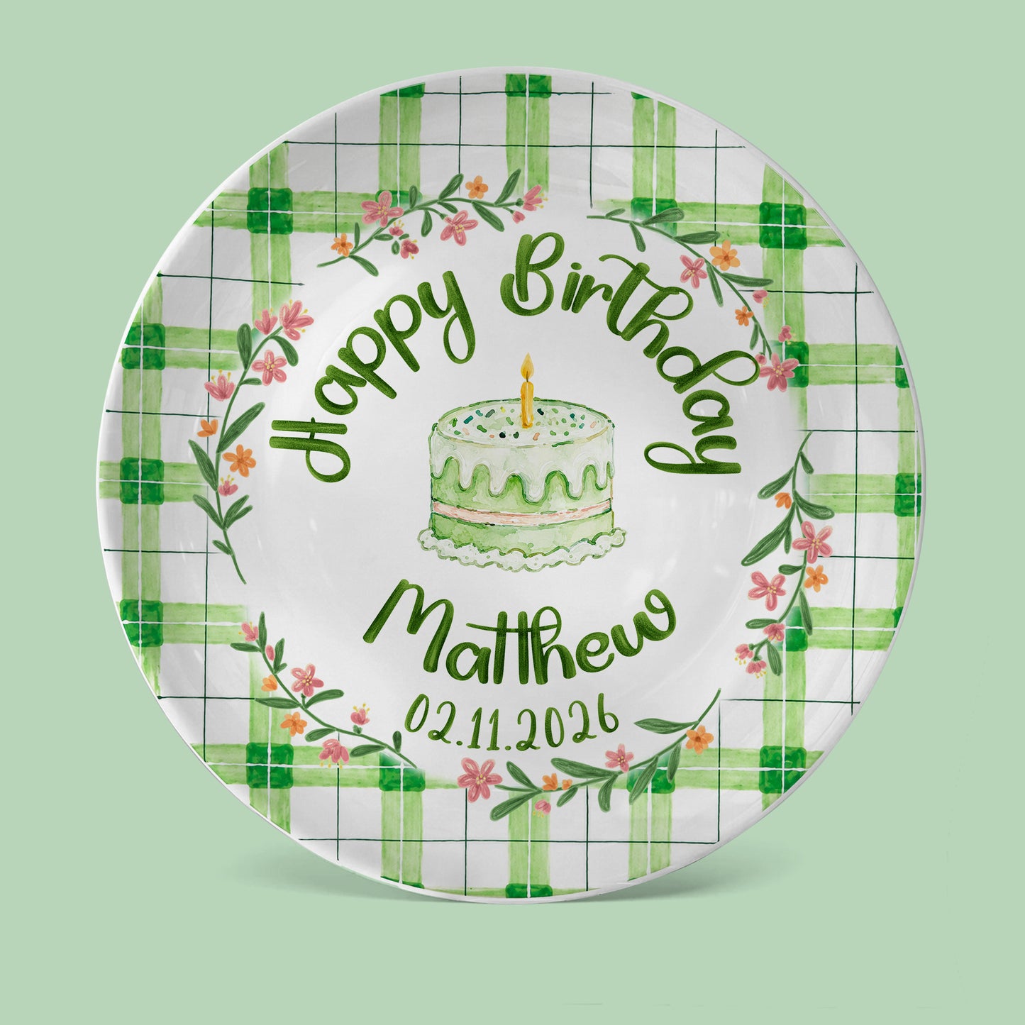 Green Gingham Daisy Birthday Keepsake Personalized Birthday Plate P627TBG0