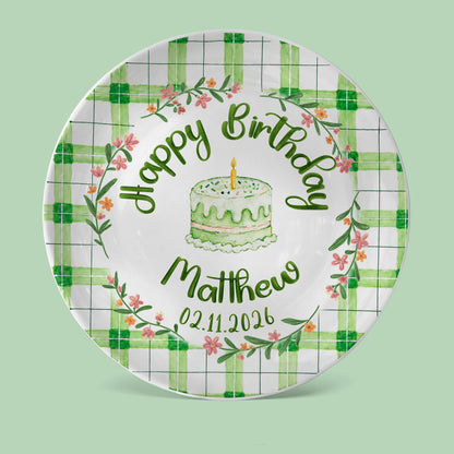 Green Gingham Daisy Birthday Keepsake Personalized Birthday Plate P627TBG0