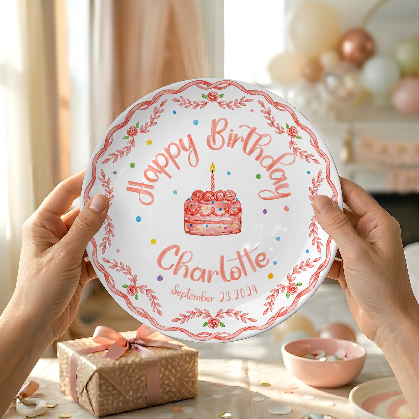 Coral Rose Cake Personalized Birthday Plate P417BXK0
