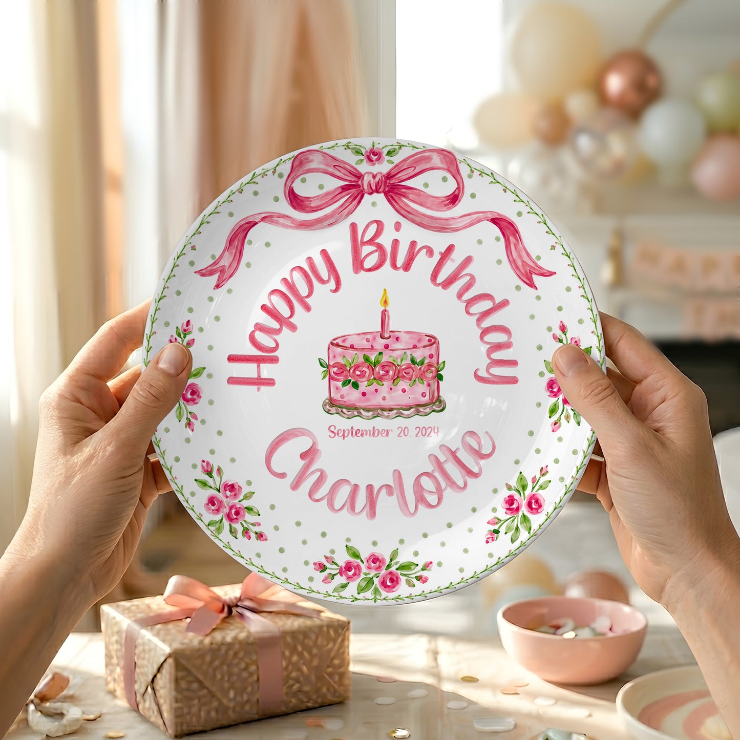 Pink Bow Rose Cake Personalized Birthday Plate P520QZN0