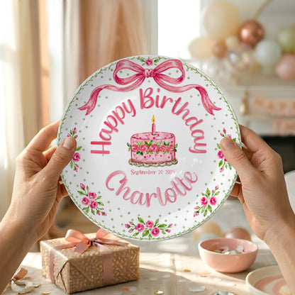 Pink Bow Rose Cake Personalized Birthday Plate P520QZN0