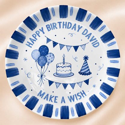 Blue Checkered Birthday Candles Personalized Birthday Plate D779CS0
