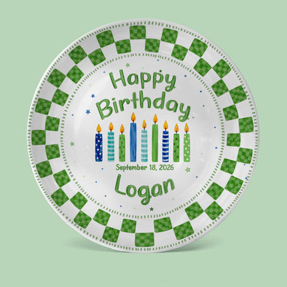 Green Checker Birthday Candles Keepsake Personalized Birthday Plate D78C8H0