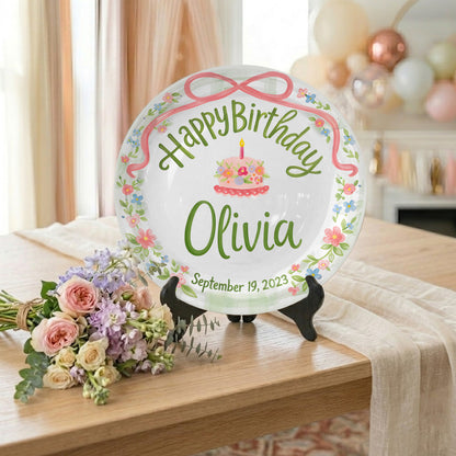 Pink Bow with Green Floral Border and Birthday Cake Personalized Birthday Plate P4156TV0