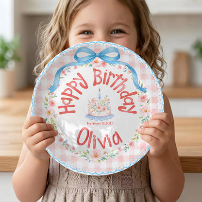 Blue Bow Gingham Floral Personalized Birthday Plate P561Y10