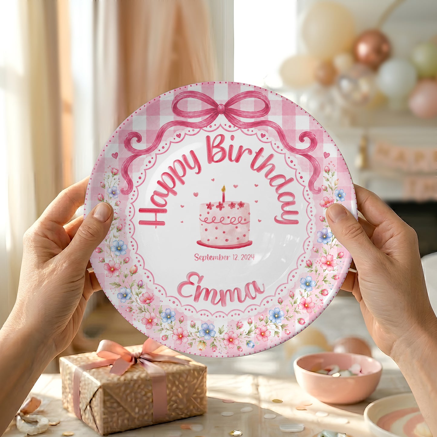 Pink Gingham Floral Bow Cake Personalized Birthday Plate for Girls P520UDC0