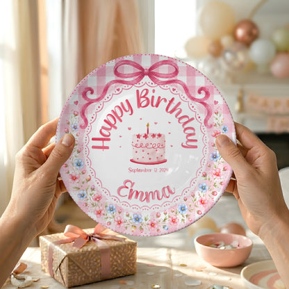 Pink Gingham Floral Bow Cake Personalized Birthday Plate for Girls P520UDC0