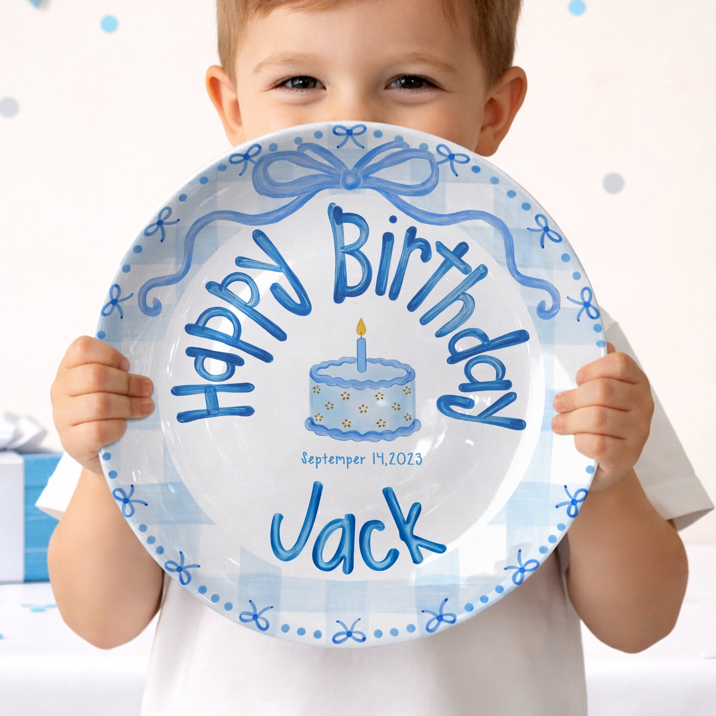 Soft Blue Gingham Personalized Birthday Plate P410VFL0