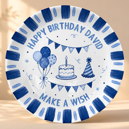 Blue Checkered Birthday Candles Personalized Birthday Plate D779CS0