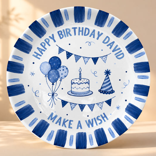 Blue Checkered Birthday Candles Personalized Birthday Plate D779CS0