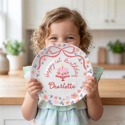 Rose Pink Bow with Floral Border Personalized Birthday Plate P123QQD0