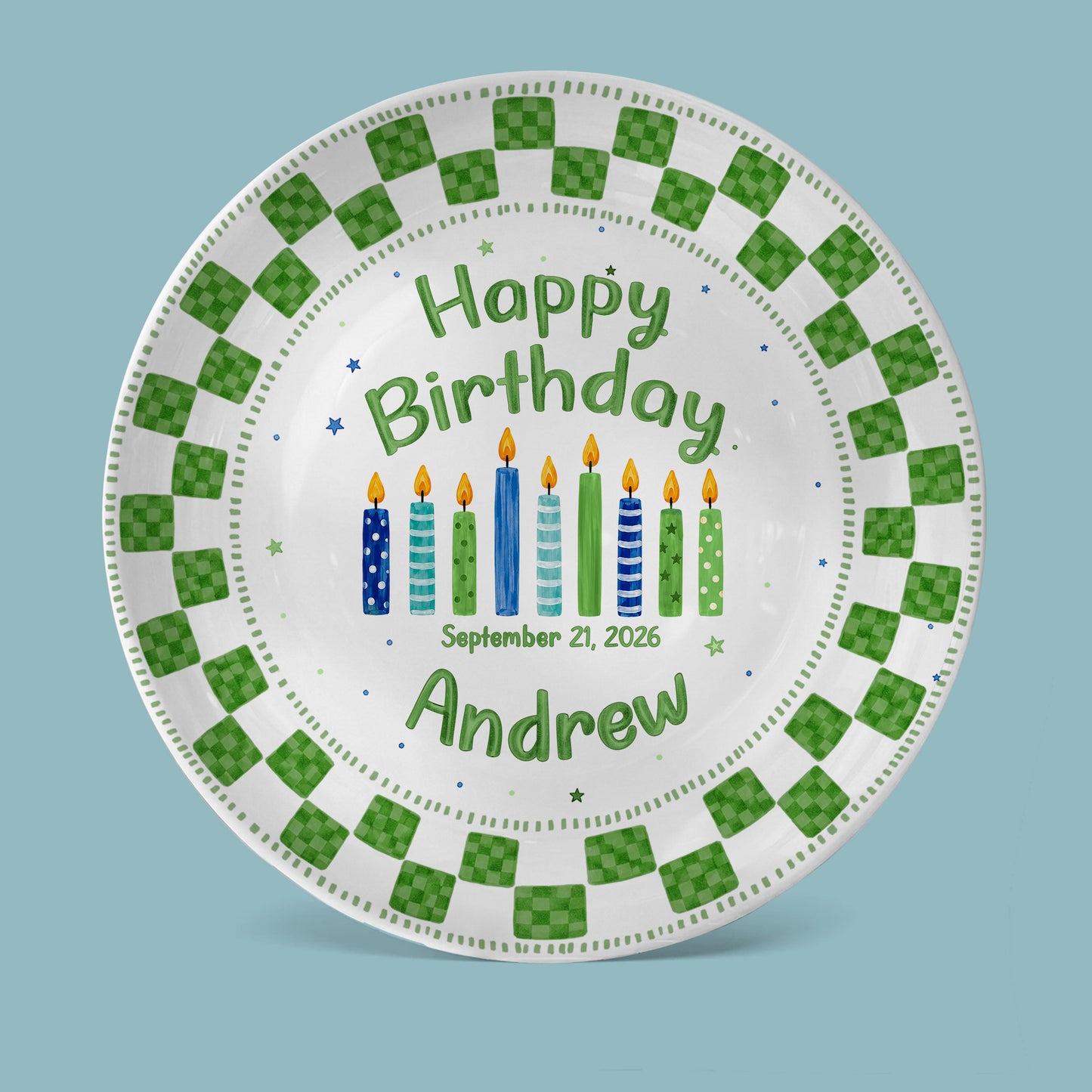 Green Checker Birthday Candles Keepsake Personalized Birthday Plate D78C8H0