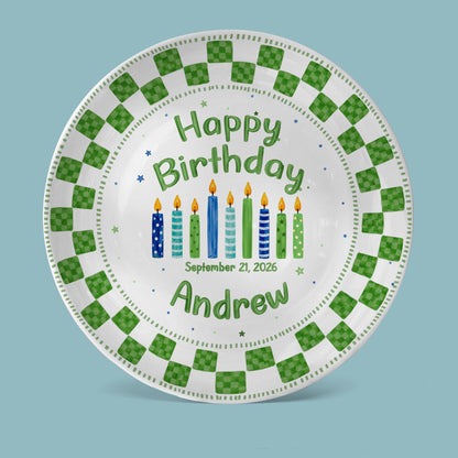 Green Checker Birthday Candles Keepsake Personalized Birthday Plate D78C8H0