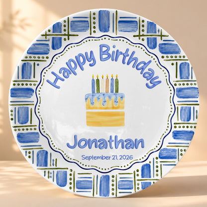 Blue Plaid Personalized Birthday Plate for Boys, Custom Birthday Keepsake Gift P730VM90