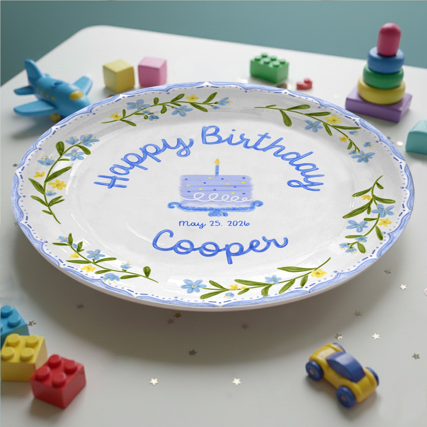 Pink and Blue Floral Plates Personalized Birthday Plate D311DZZ0