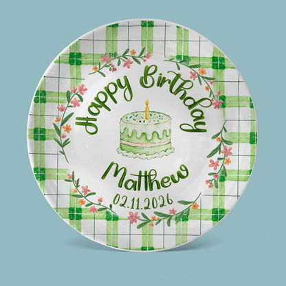Green Gingham Daisy Birthday Keepsake Personalized Birthday Plate P627TBG0