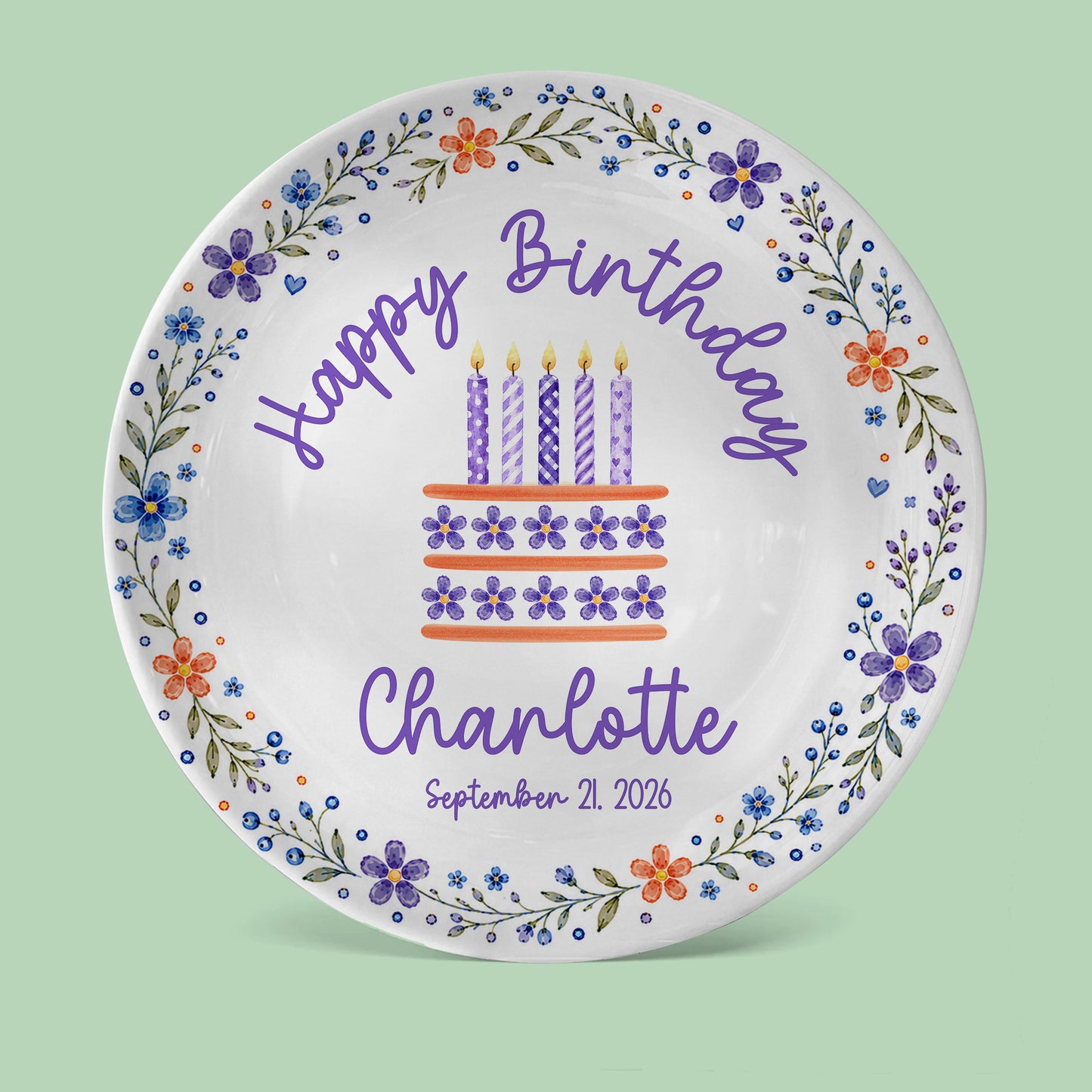 Purple Floral Personalized Birthday Plate for Girls, Custom Birthday Keepsake Gift P723G7E0