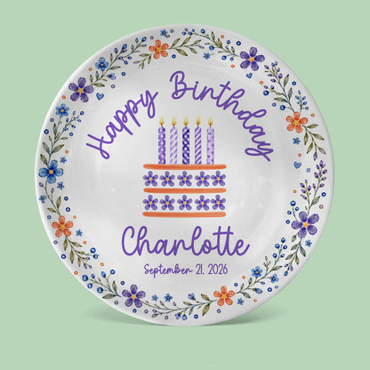Purple Floral Personalized Birthday Plate for Girls, Custom Birthday Keepsake Gift P723G7E0