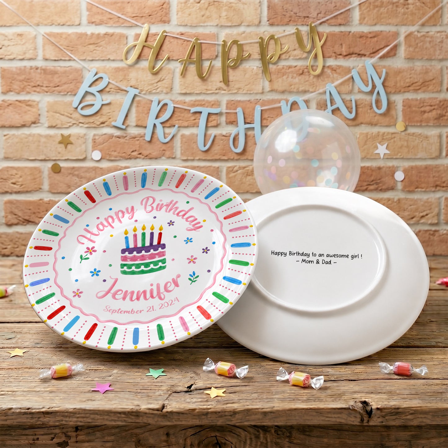 Colorful Birthday Cake Keepsake Personalized Birthday Plate for Kids D6250W50