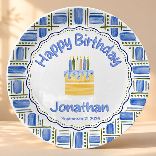 Blue Plaid Personalized Birthday Plate for Boys, Custom Birthday Keepsake Gift P730VM90