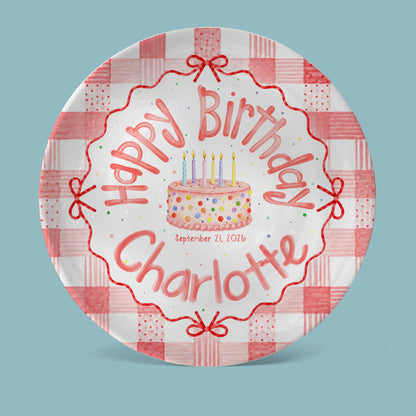 Pink Gingham Bow Birthday Keepsake Personalized Birthday Plate for Girls P627UVB0