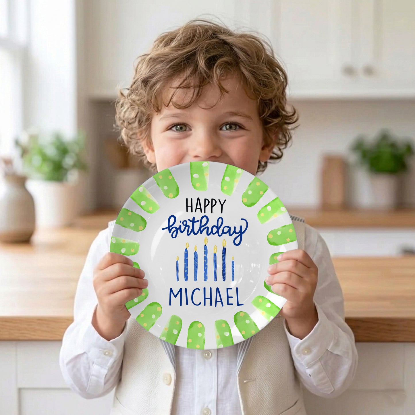 Green Brush Border with Blue Candles Personalized Birthday Plate D923B6N0
