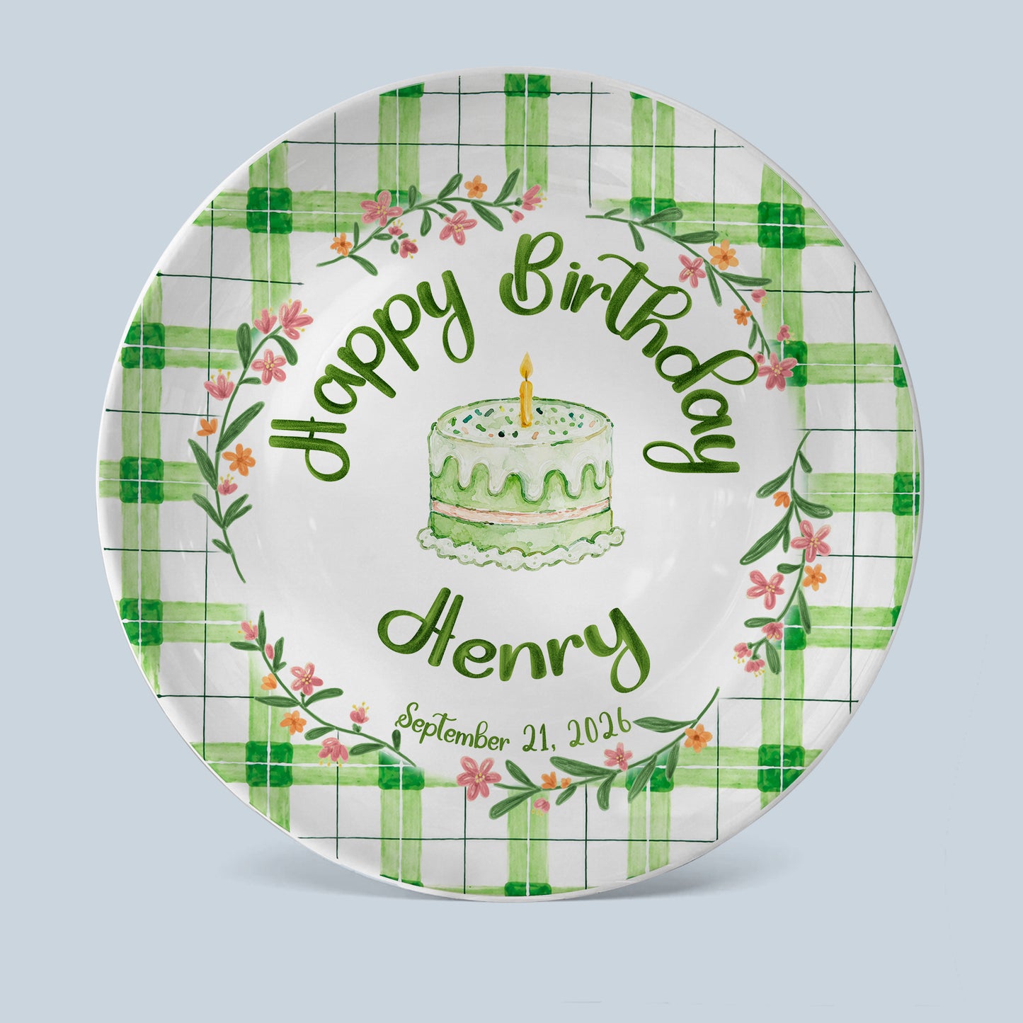 Green Gingham Daisy Birthday Keepsake Personalized Birthday Plate P627TBG0