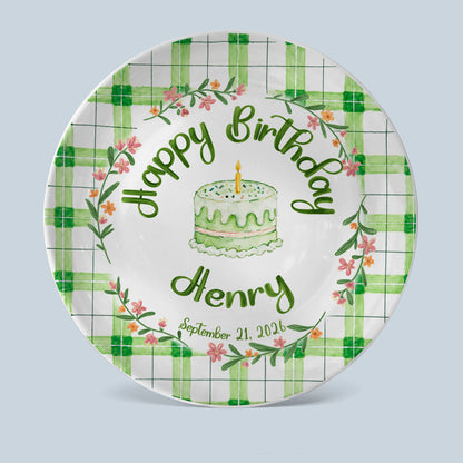 Green Gingham Daisy Birthday Keepsake Personalized Birthday Plate P627TBG0