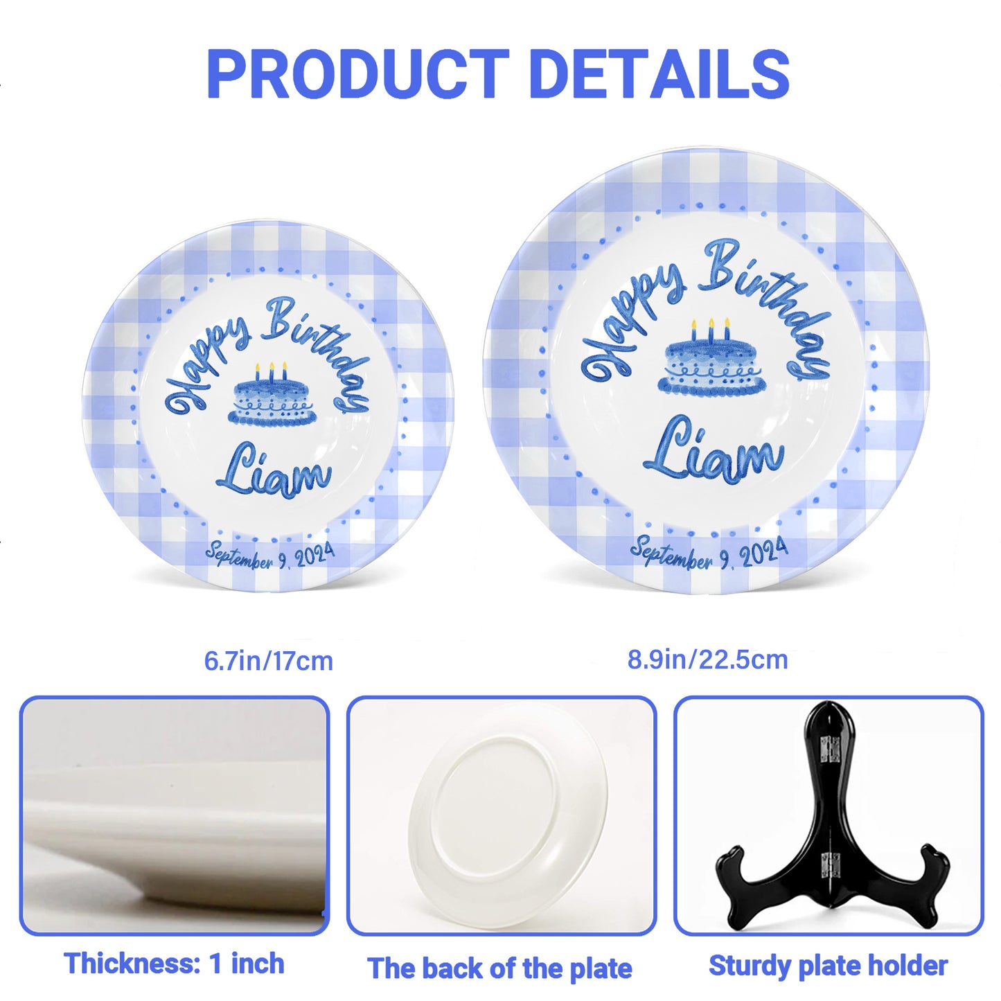 Blue Gingham Border with Blue Birthday Cake Personalized Birthday Plate P415SDU0