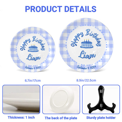 Blue Gingham Border with Blue Birthday Cake Personalized Birthday Plate P415SDU0