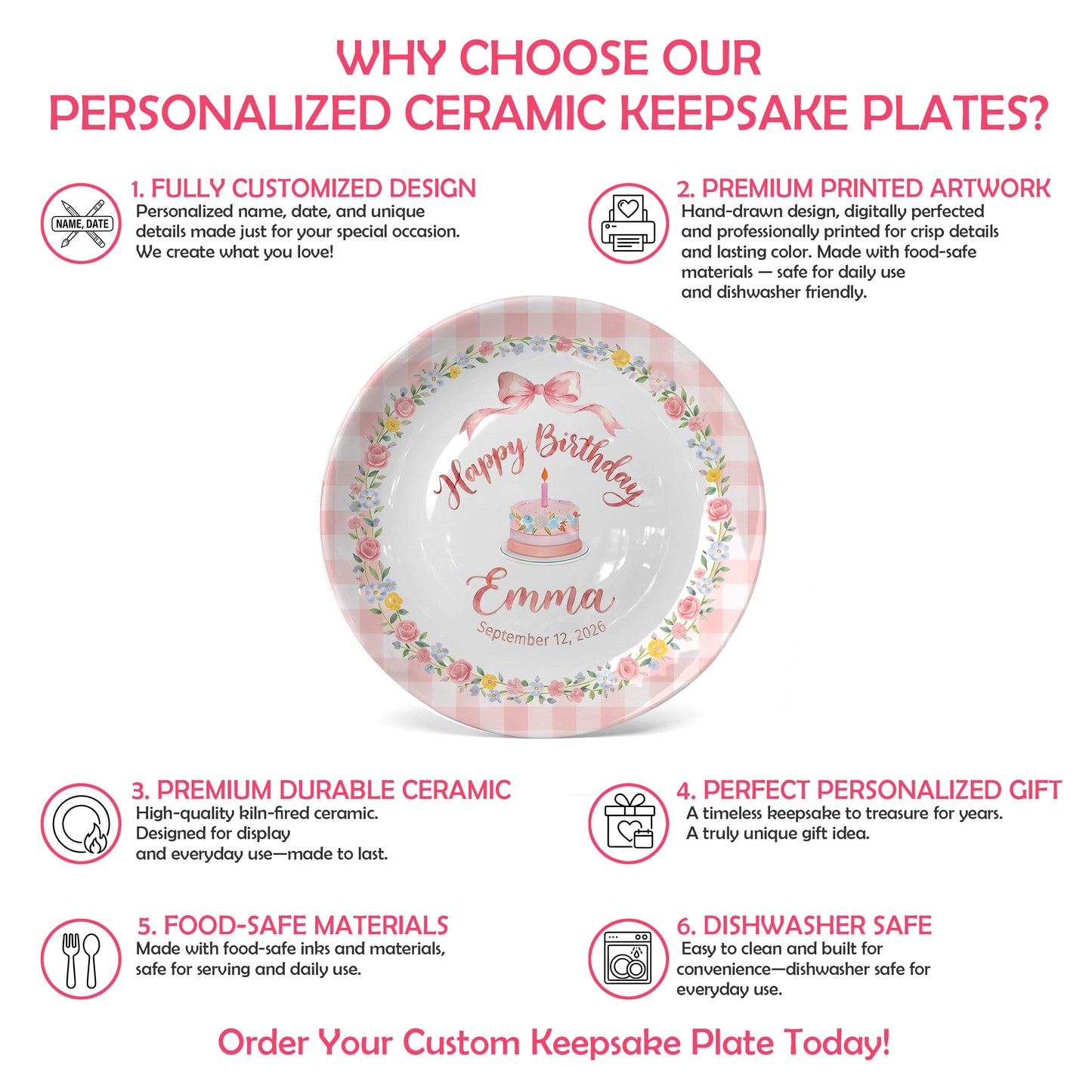 Pink Gingham Border with Floral Wreath Bow Personalized Birthday Plate P4151HJ0