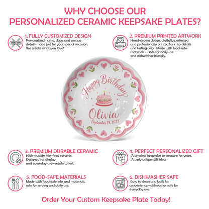Pink Scallop Heart Border with Floral Birthday Cake Personalized Birthday Plate P415VCJ0