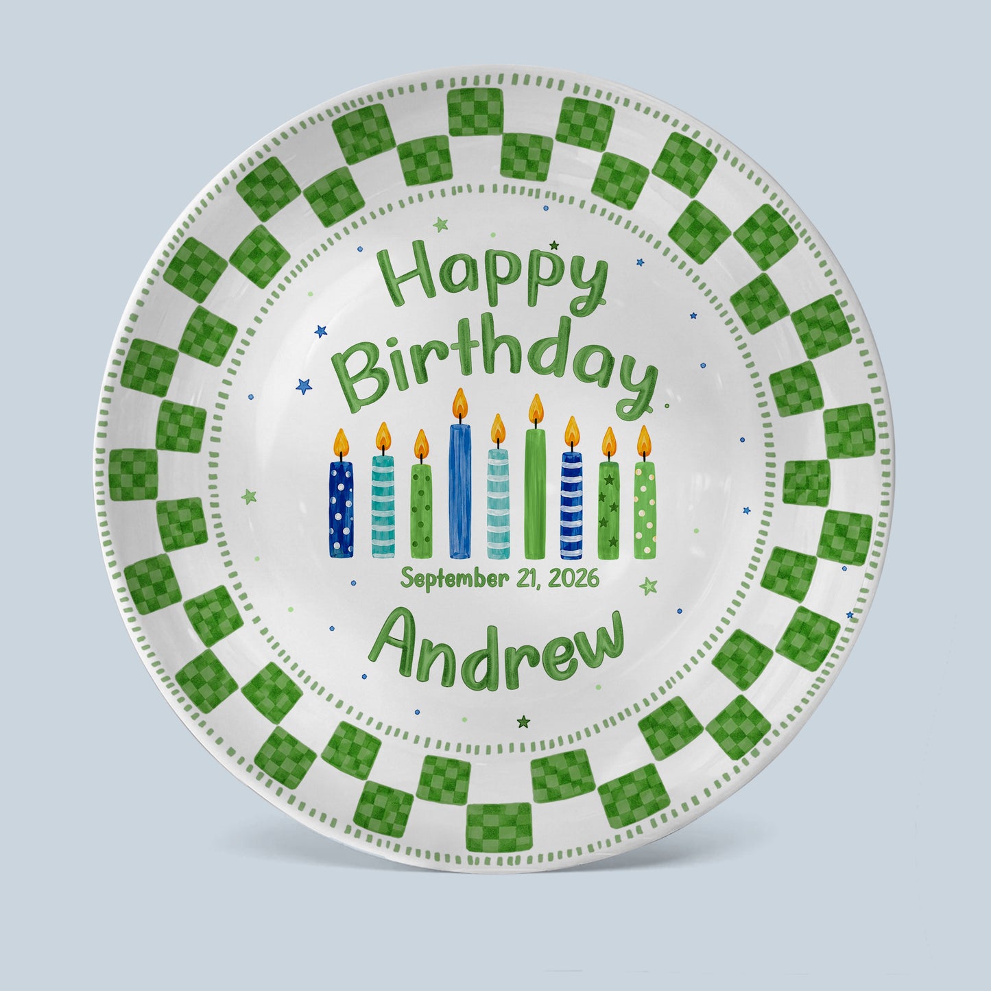 Green Checker Birthday Candles Keepsake Personalized Birthday Plate D78C8H0