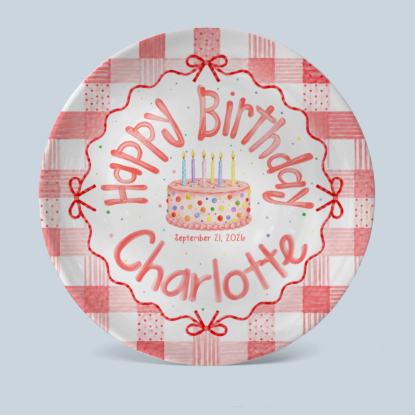 Pink Gingham Bow Birthday Keepsake Personalized Birthday Plate for Girls P627UVB0